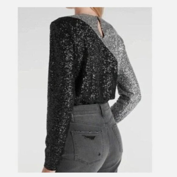 NWT Express Silver and Black Sequin Bodysuit Long Sleeve Woman's Size Small - Picture 3 of 13